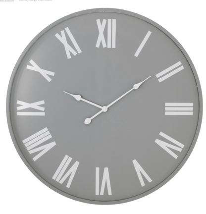 Gray wall clock with white Roman numerals on a white background