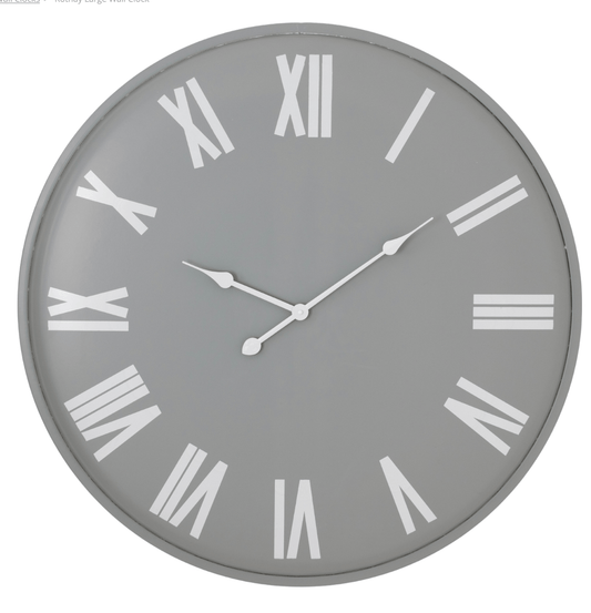 Gray wall clock with white Roman numerals on a white background