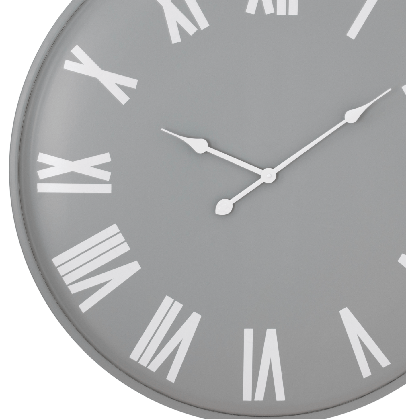 Grey wall clock with white Roman numerals on a white background