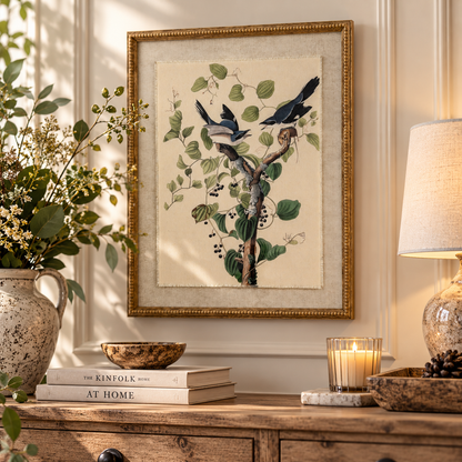 A framed botanical art print featuring two birds perched on a branch with green leaves and small berries, displayed on a wooden console table in a styled room setting with a lamp, books, and a vase.