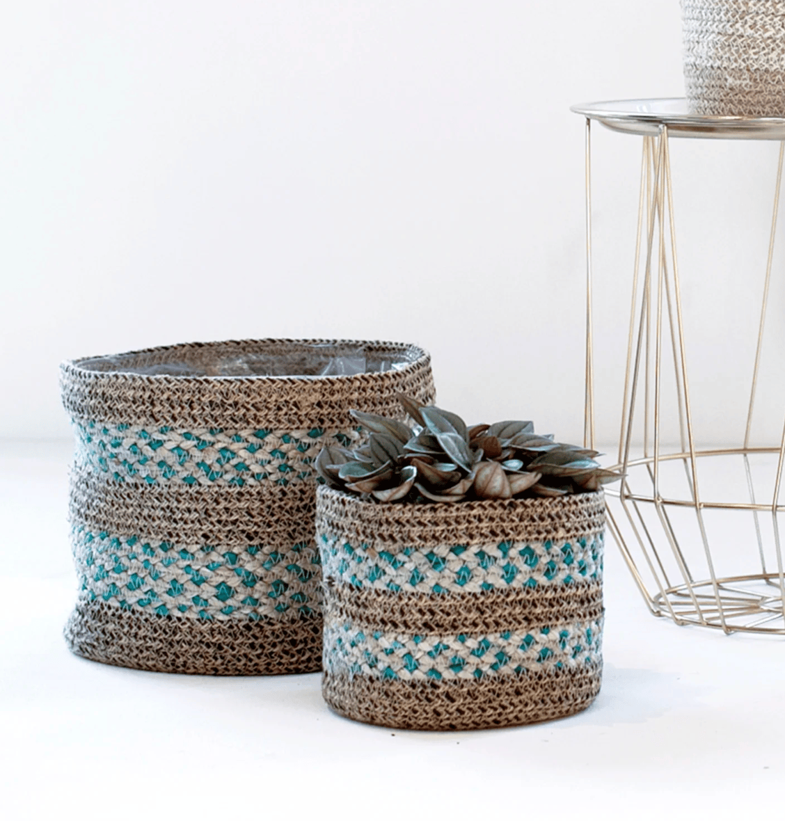 Skalo Seagrass Lined Basket Aqua Set of 3