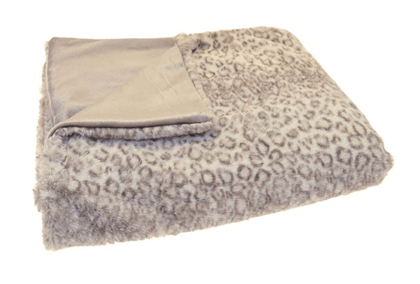 A folded throw blanket featuring a plush faux fur texture with a beige and brown leopard print pattern, showing a smooth solid beige reverse side.