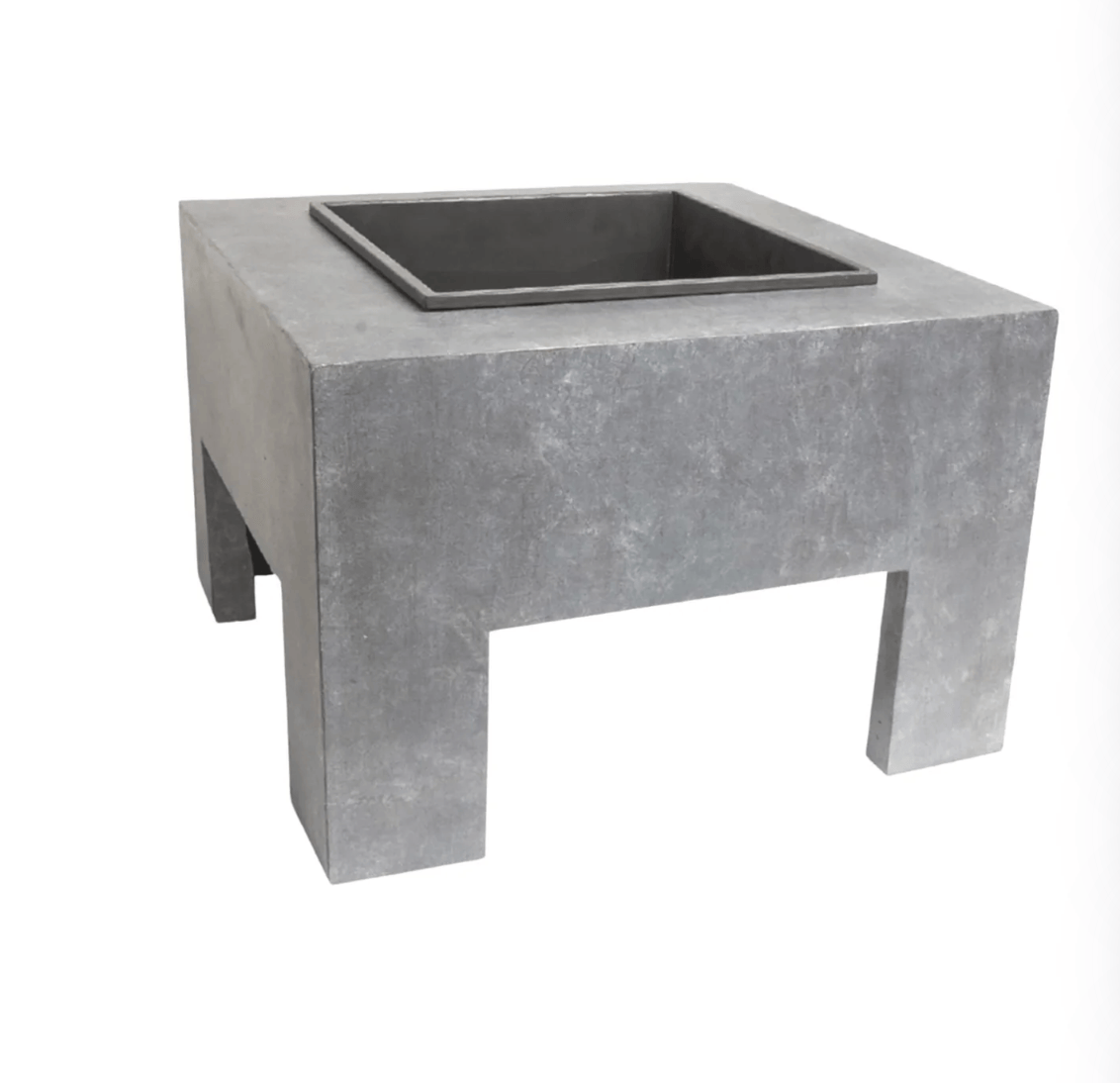 A square concrete fire pit table with a rectangular recessed firebox, shown on a plain white background.