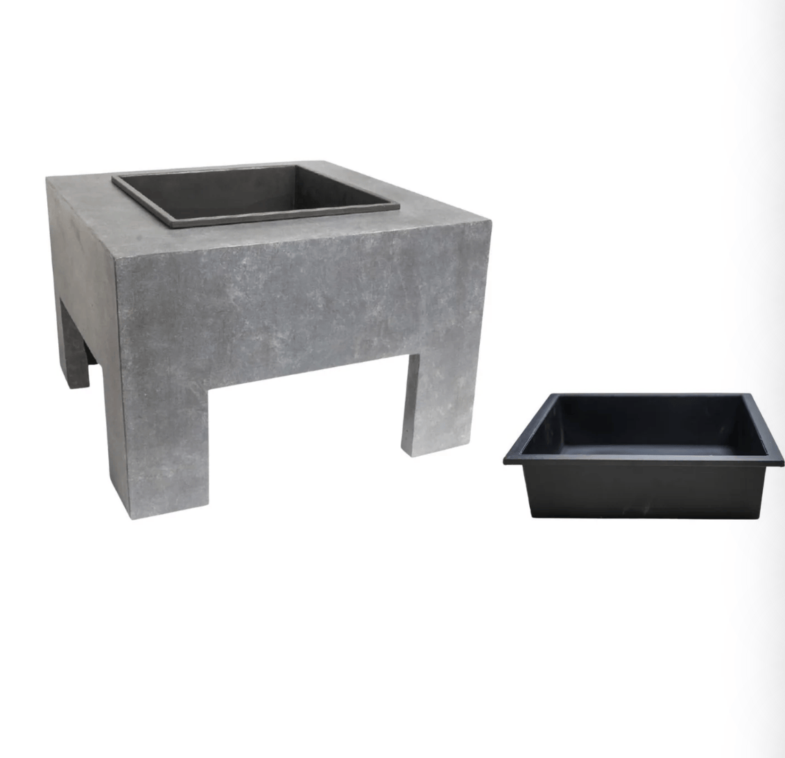 A square concrete fire pit table with a matching black metal insert, shown alongside a separate black rectangular tray on a plain white background.