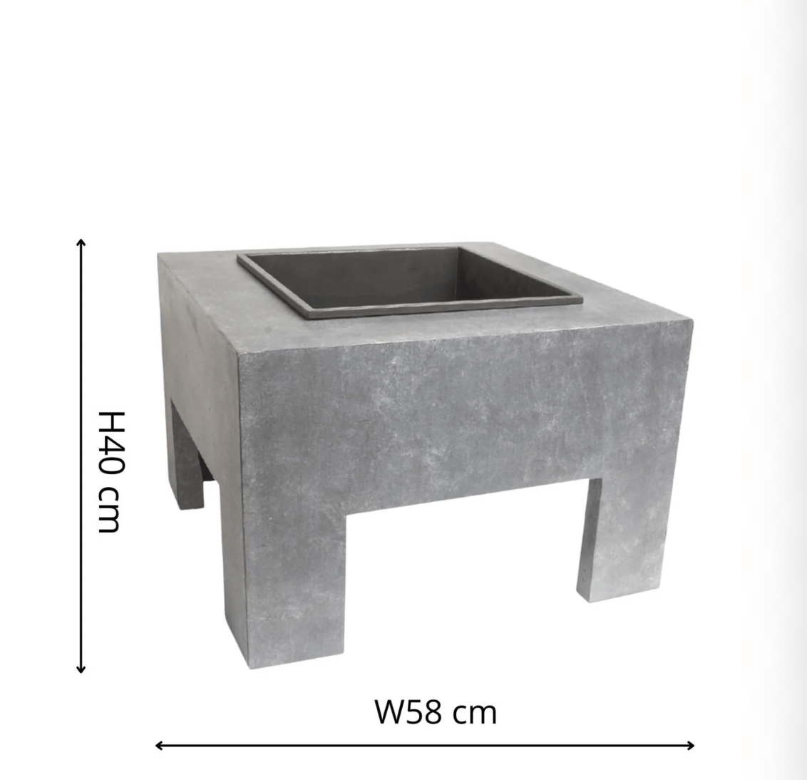 Gray concrete outdoor fire pit table with a square recessed firebox, shown with dimension lines indicating a height of 440 cm and width of 58 cm.