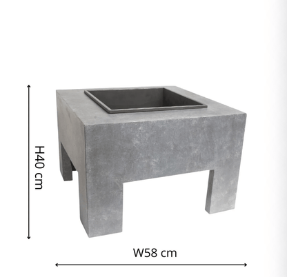 Gray concrete outdoor fire pit table with a square recessed firebox, shown with dimension lines indicating a height of 440 cm and width of 58 cm.