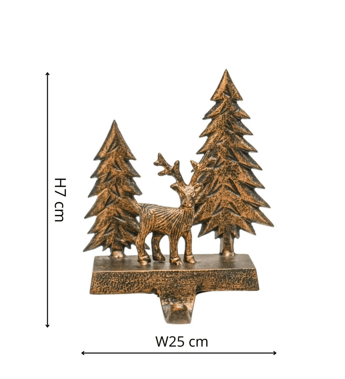 Bronze deer and tree sculpture with dimensions on a white background