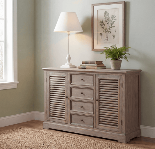 A rustic gray wood sideboard cabinet styled in a room setting, featuring louvered doors, four drawers, and a top surface decorated with a white table lamp, books, and a potted plant.