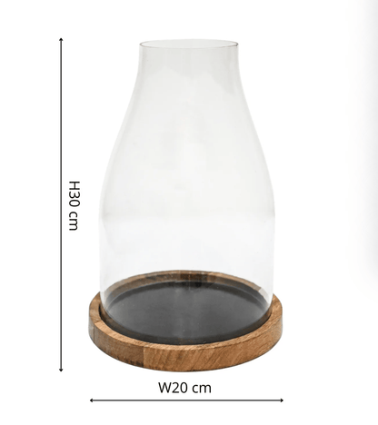 Clear glass vase with a flared top and a round wooden base, shown on a white background with dimension labels indicating height 30 cm and width 20 cm.