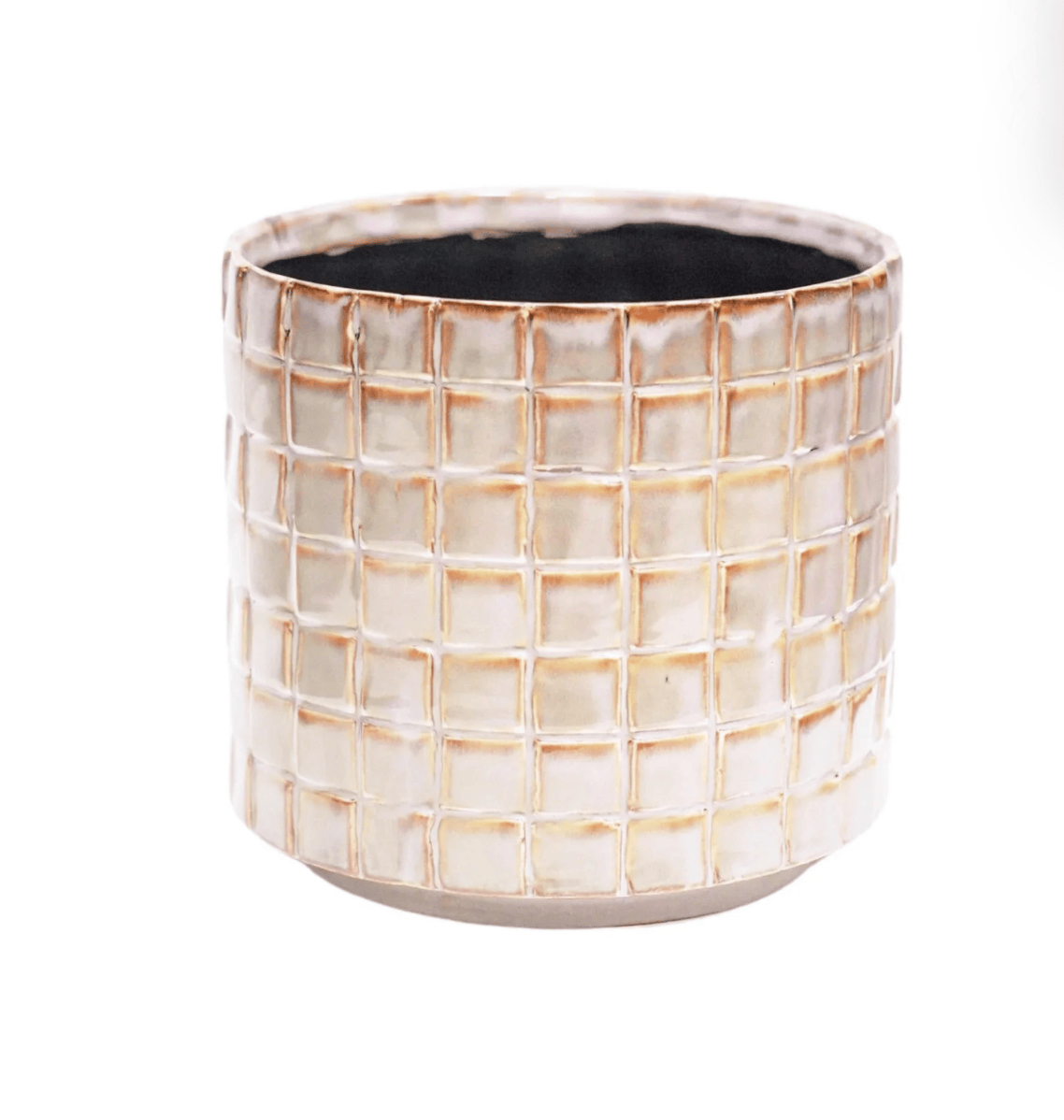 Ceramic pot with grid pattern on a white background