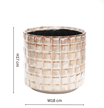 Decorative pot with grid pattern and dimensions on a white background