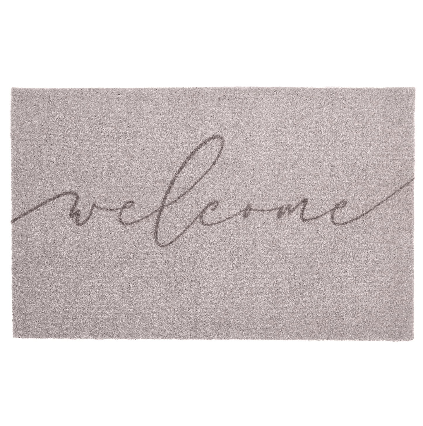 Grey welcome mat with 'welcome' text on a white background