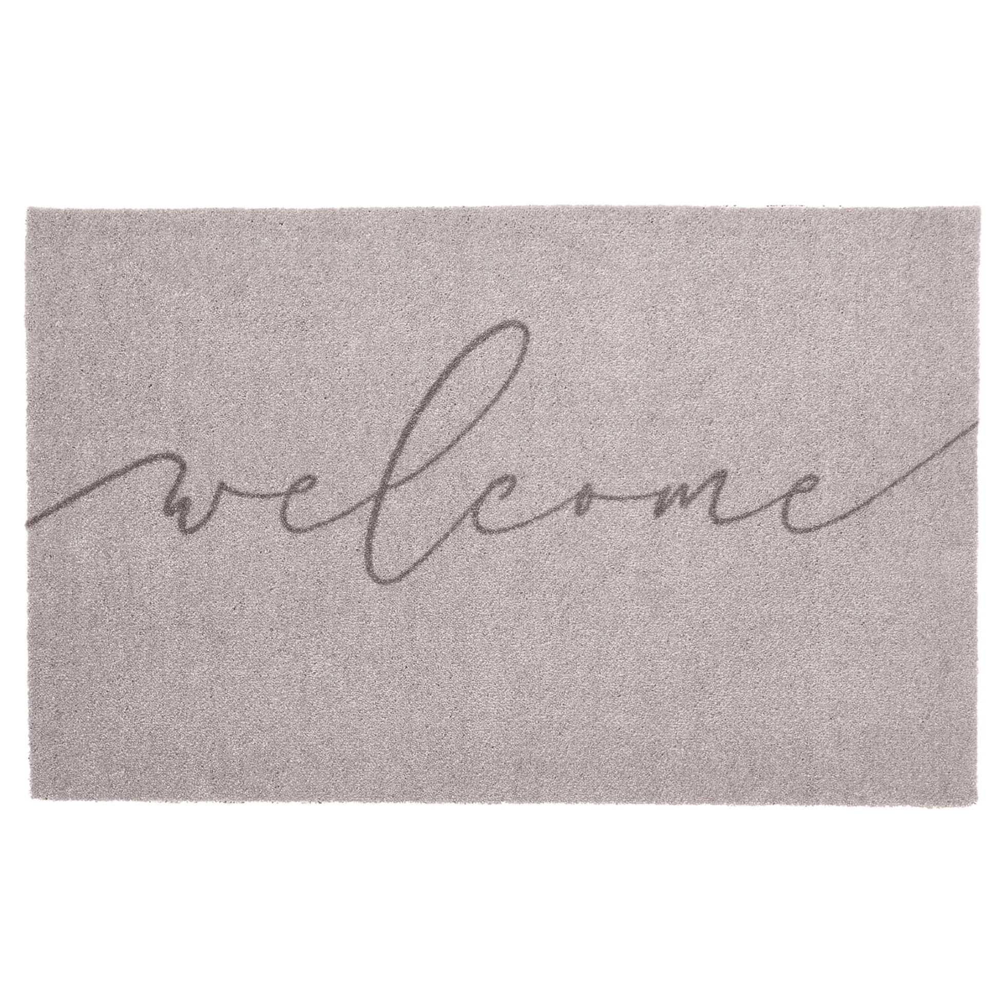 Grey welcome mat with 'welcome' text on a white background