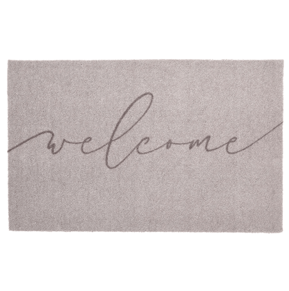 Grey welcome mat with 'welcome' text on a white background