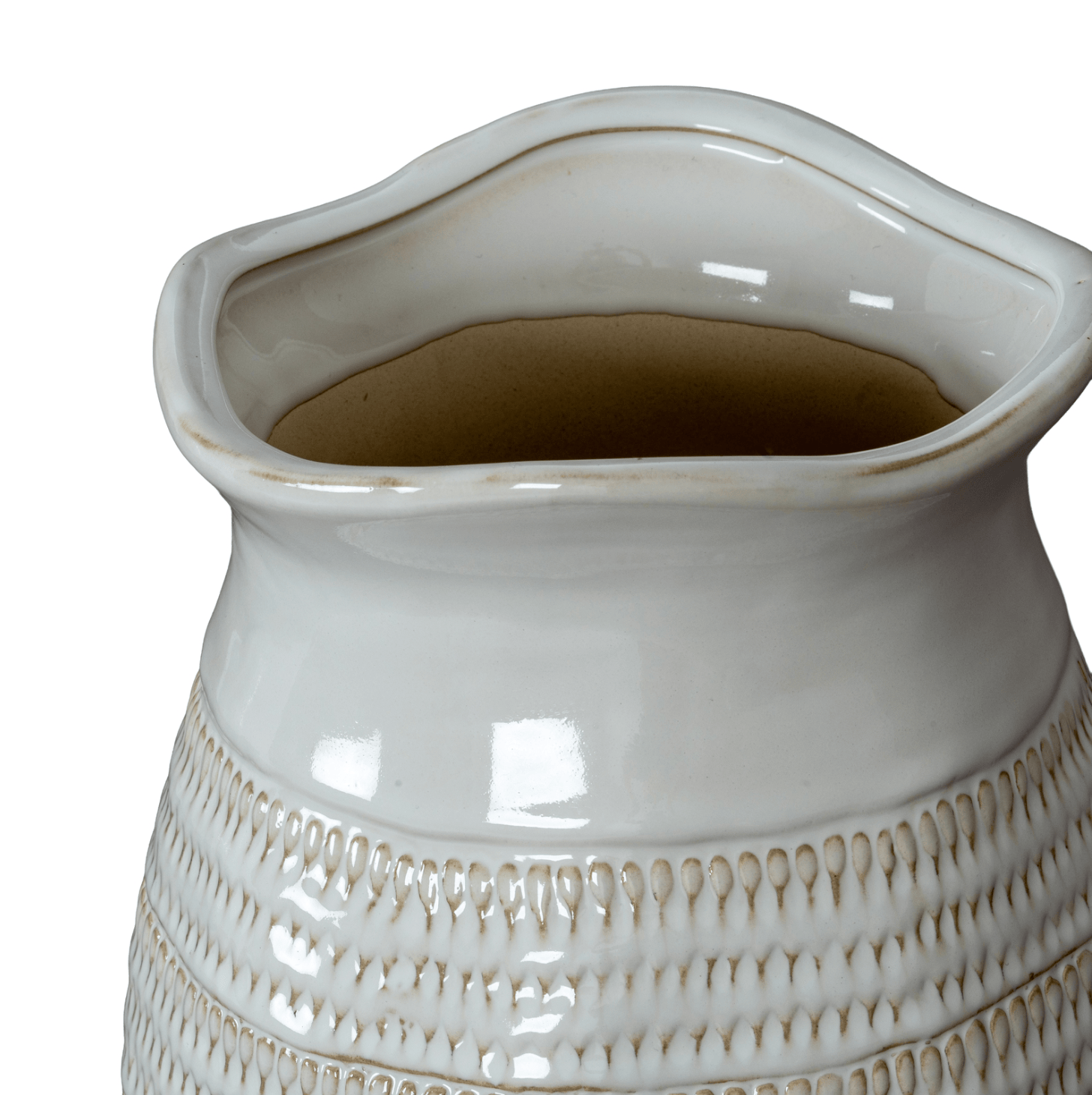 White ceramic vase with textured design on a white background