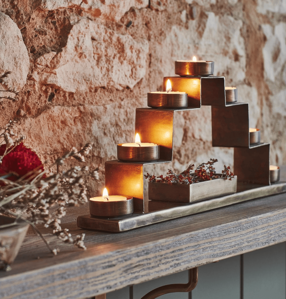 Tealight Candle Holder with Décor Box in Antique Brass