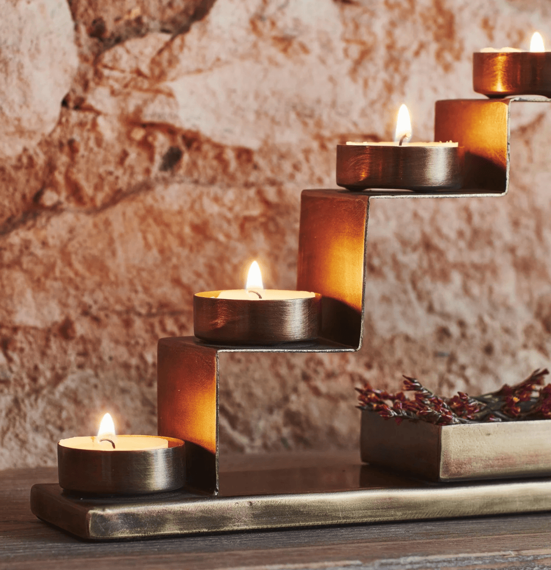 Tealight Candle Holder with Décor Box in Antique Brass