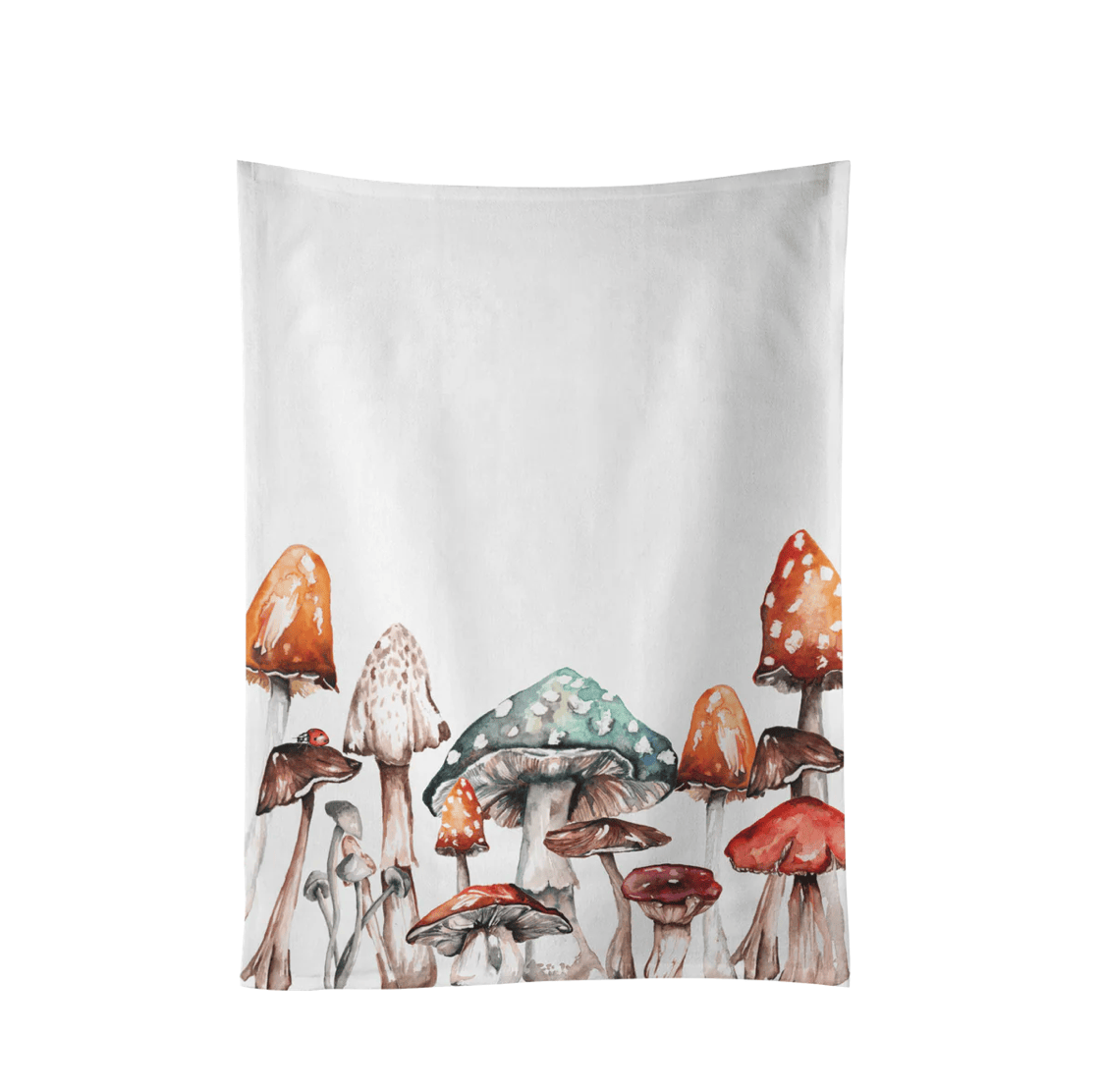 Fleece blanket with watercolor mushrooms design on a white background