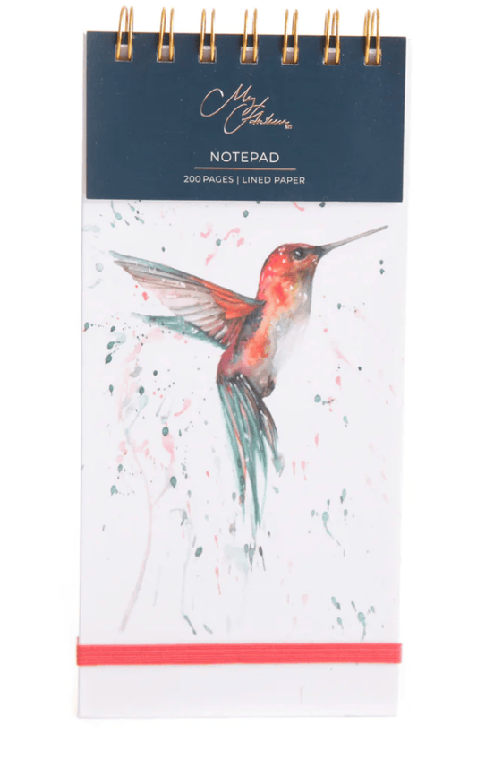Notepad with a colorful hummingbird illustration on a white background