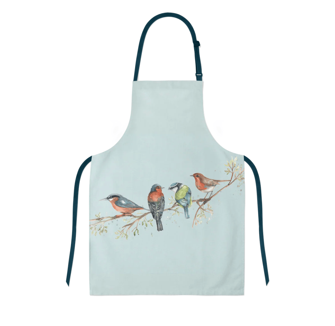 Light blue apron with bird design on a white background