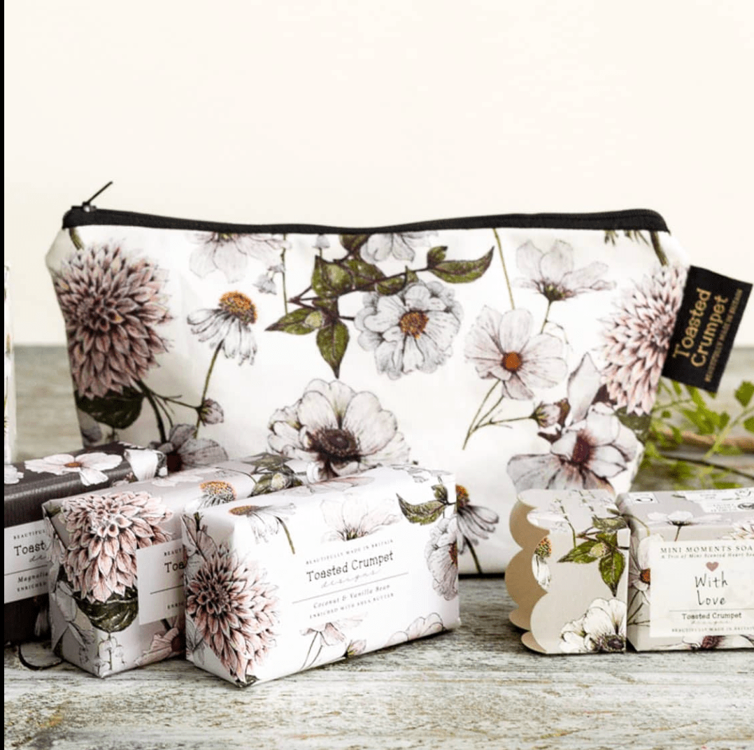 Beautiful floral make up bag by Toasted Crumpet showing matching soaps