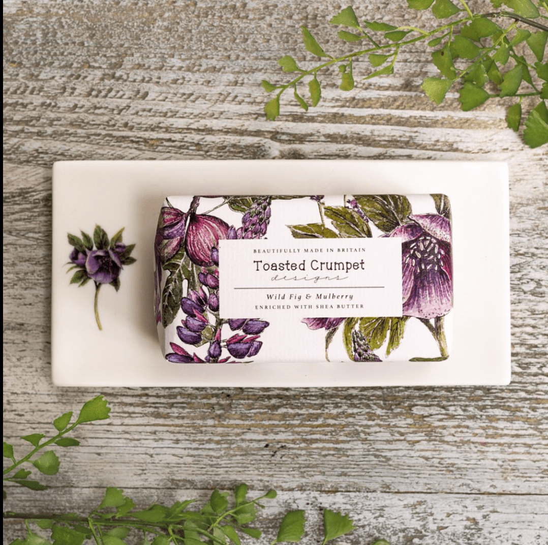 Toasted Crumpet Hellebore print soap dish with matching Wild Fig soap bar