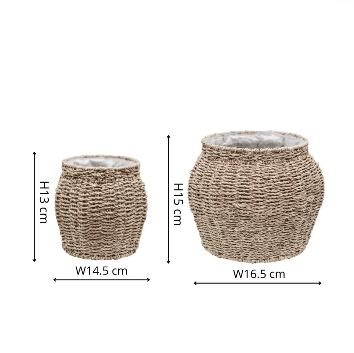 Two woven planters with dimensions indicated on a white background