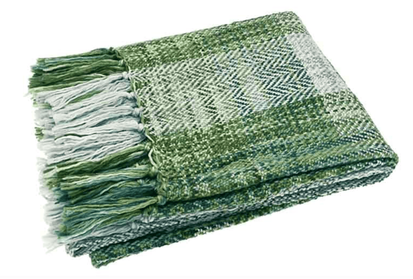 Green and white woven blanket with fringes on a white background