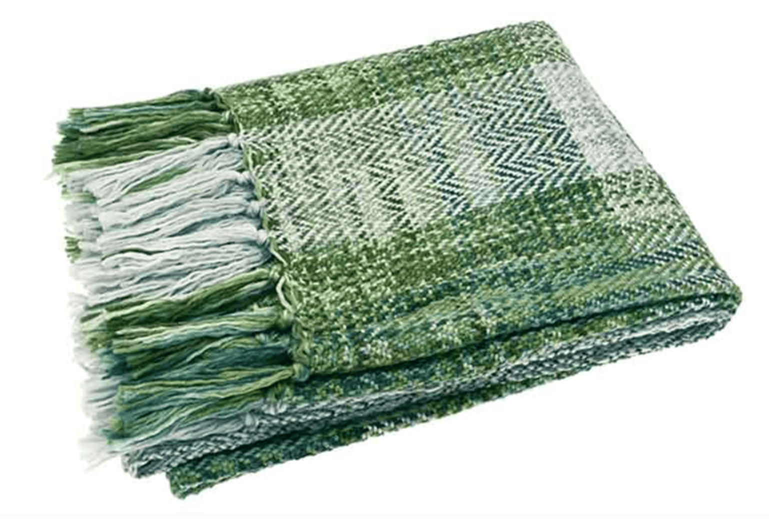Green and white woven blanket with fringes on a white background