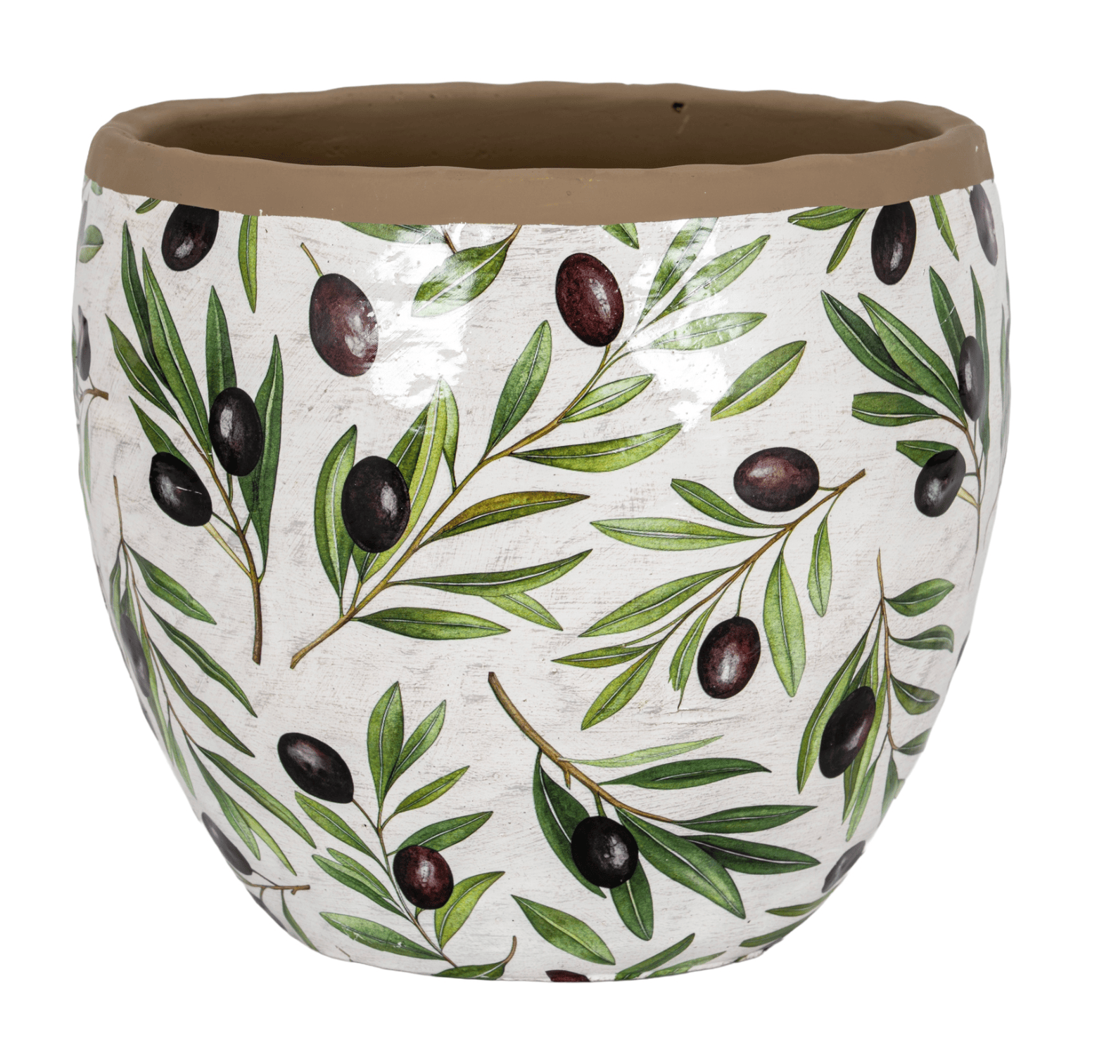 Ceramic pot with olive branch pattern on a white background