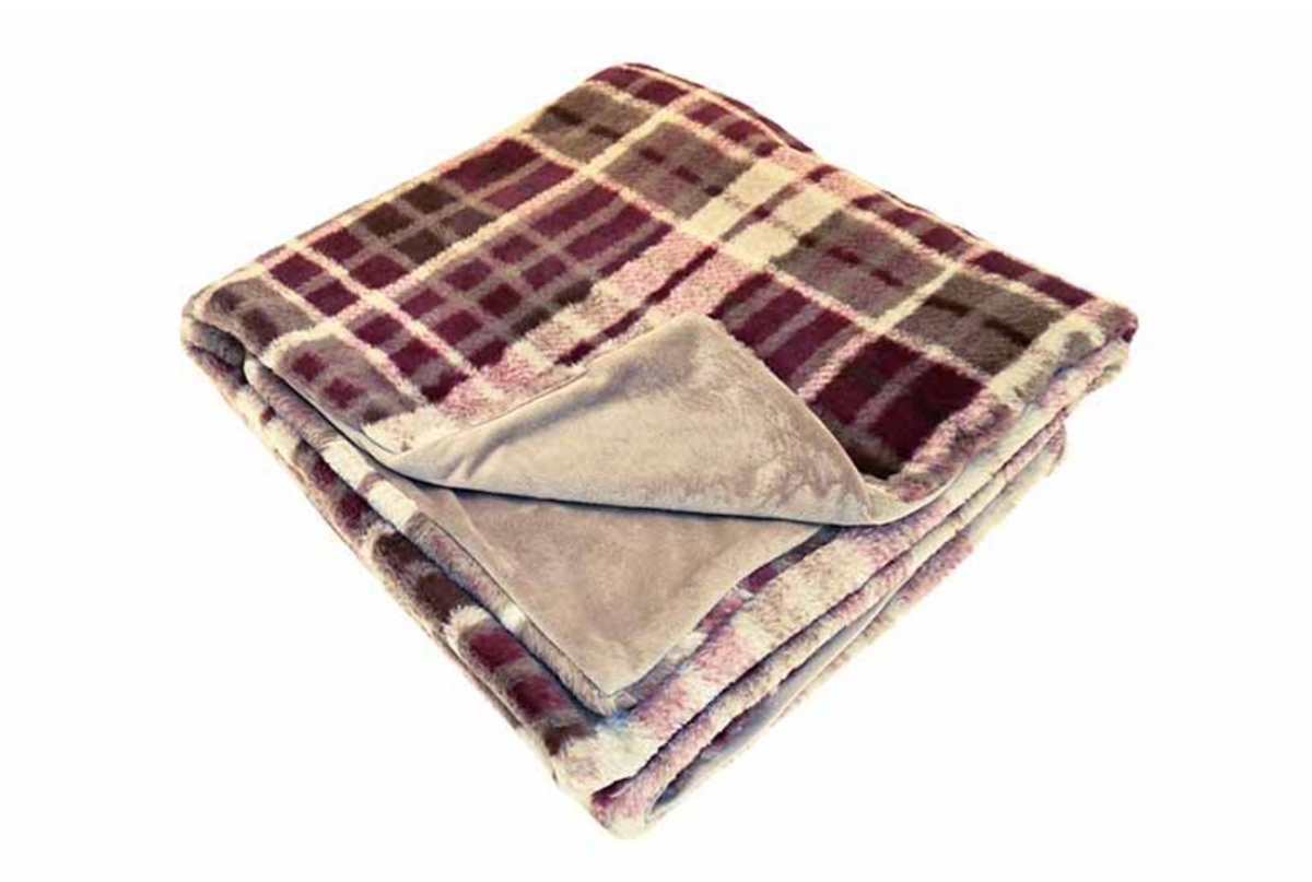 A folded plaid blanket with a burgundy, beige, and brown pattern, showing a soft gray fleece lining on the underside, set against a plain white background.