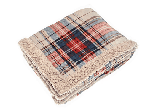 Plaid blanket with beige border on a white background