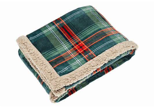 Plaid blanket with sherpa lining on a white background
