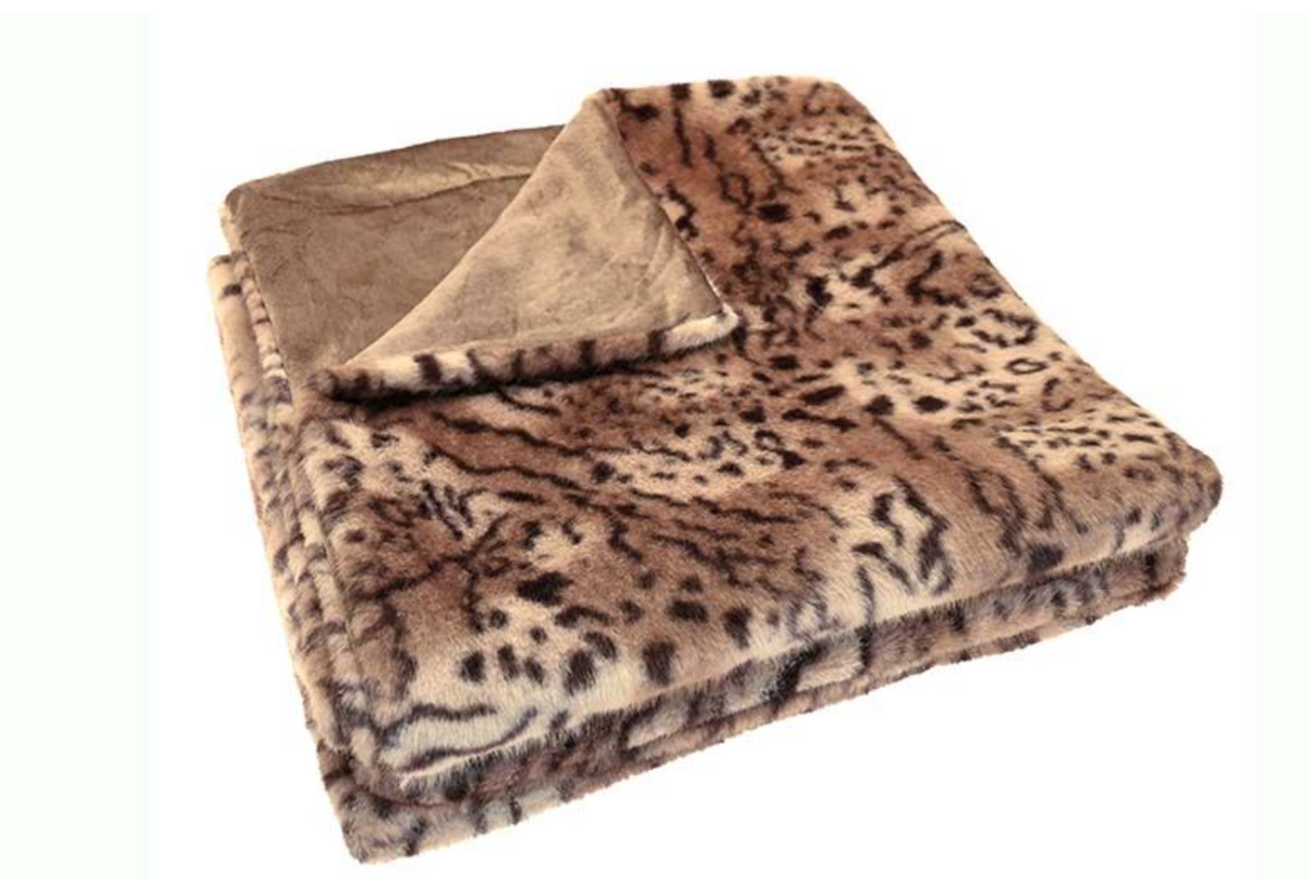A folded plush throw blanket with a brown and beige leopard print on one side and a solid taupe-brown reverse side, shown on a plain white background.