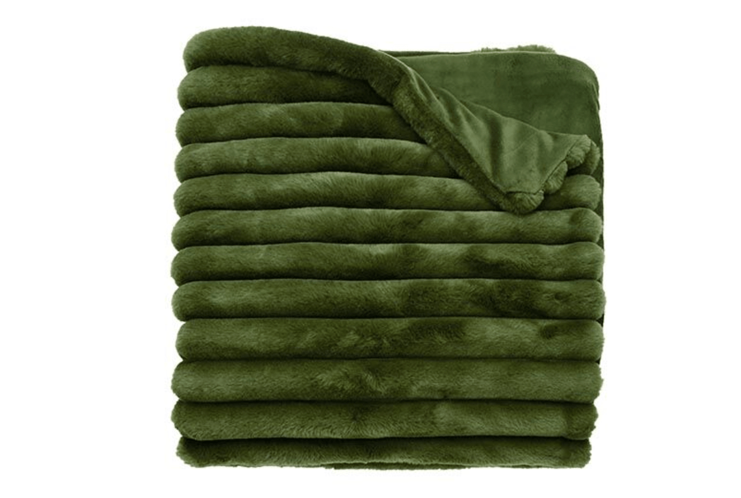 Folded green blanket on a white background