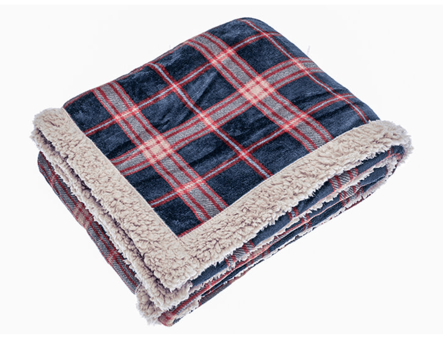 Folded plaid blanket with sherpa lining on a white background
