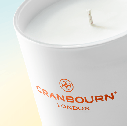 Escape to Santorini unlit White Candle detail by Cranbourn London.