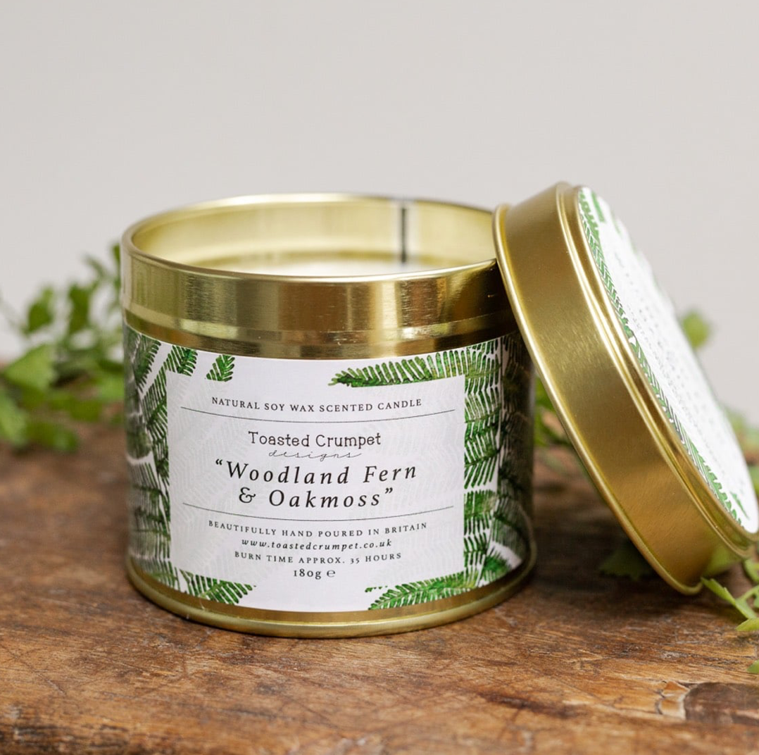 Toasted Crumpet Woodland Fern & Oakmoss Gold Tin Candle Lid Off