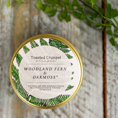 Toasted Crumpet Woodland Fern & Oakmoss Gold Tin Candle lid detail