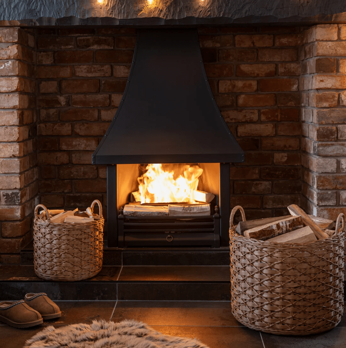 Set of 2 Woven Rattan Log Baskets – Rustic Fireplace Storage