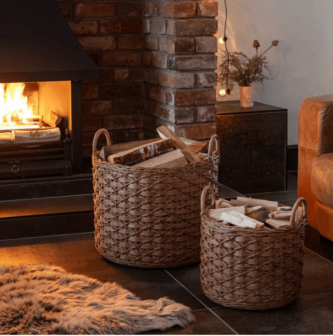 Set of 2 Woven Rattan Log Baskets – Rustic Fireplace Storage