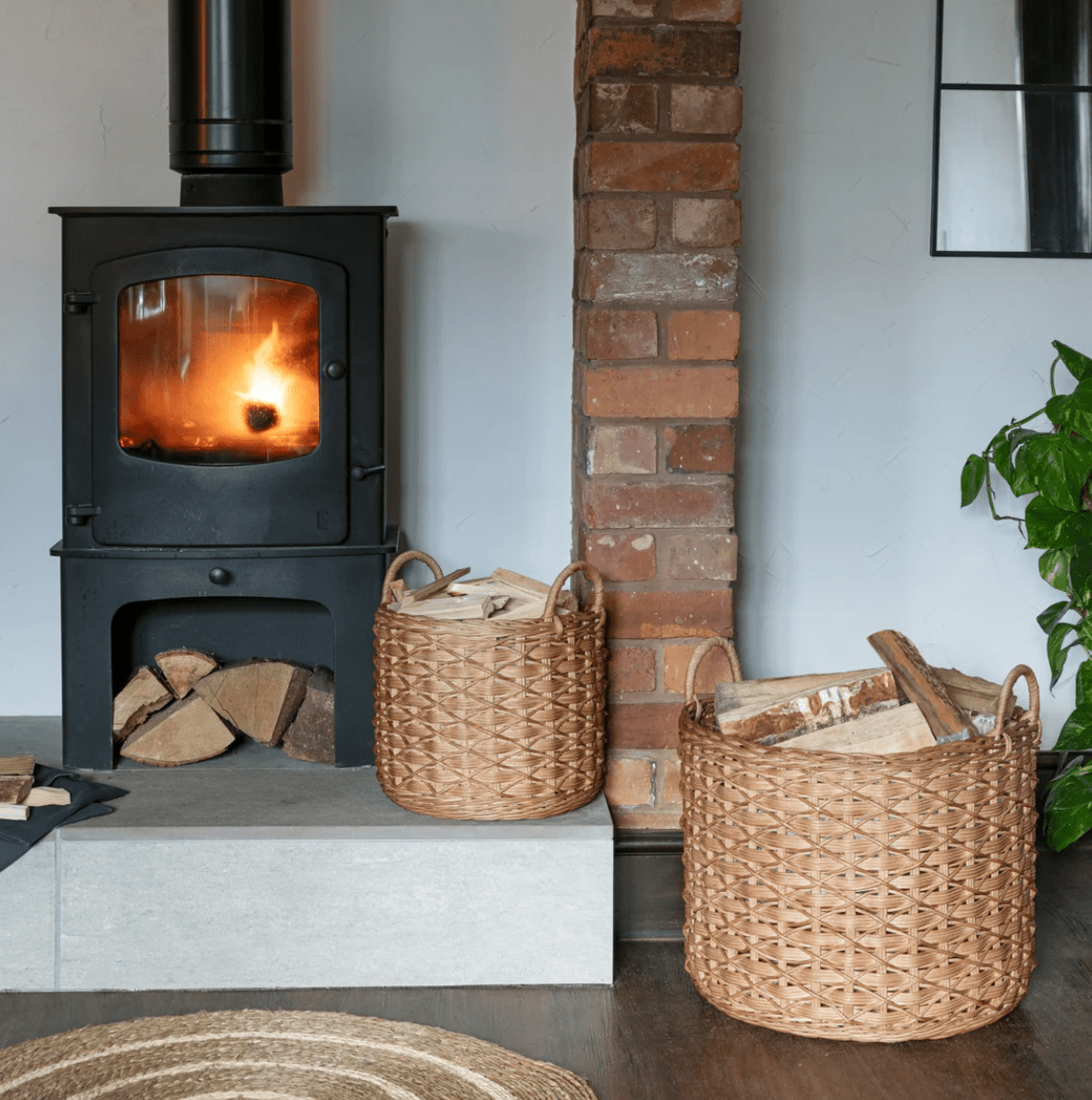 Set of 2 Woven Rattan Log Baskets – Rustic Fireplace Storage