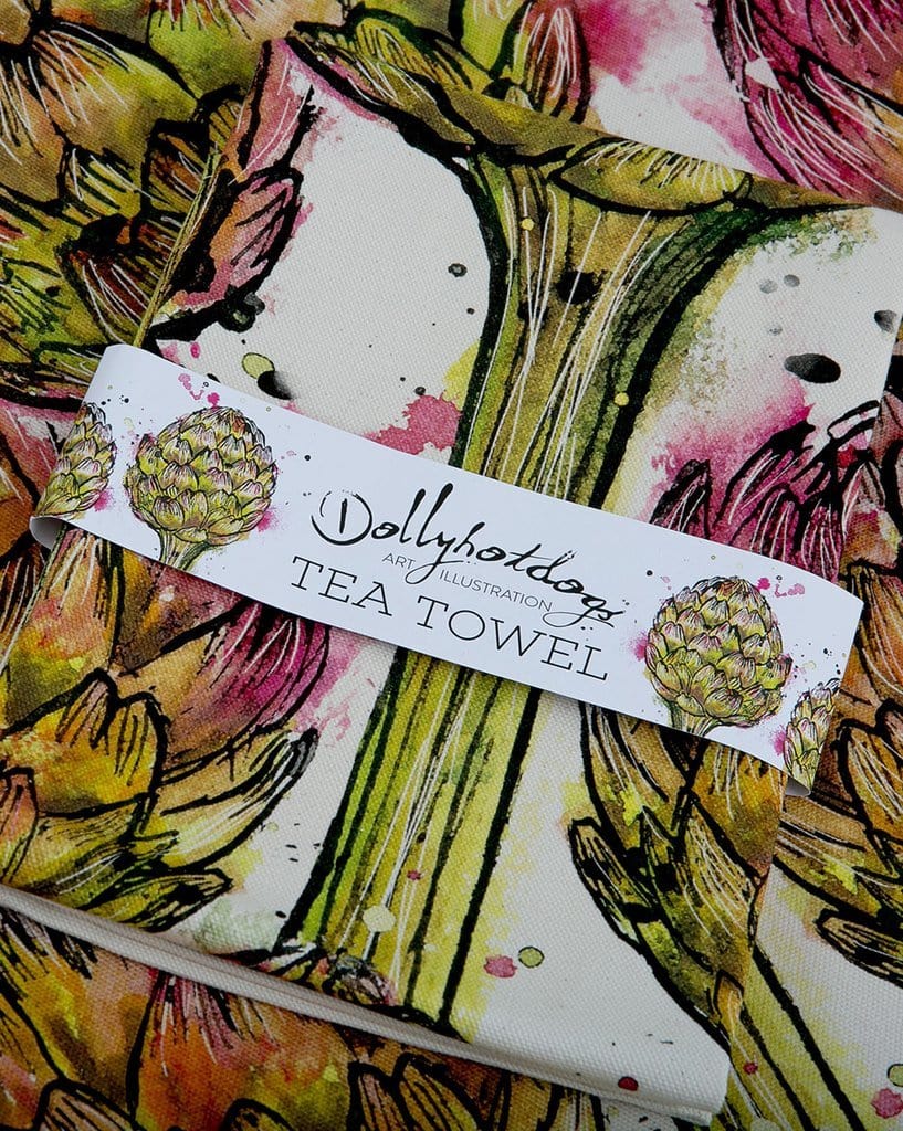 Folded and packaged Tea Towel with Artichoke design printed