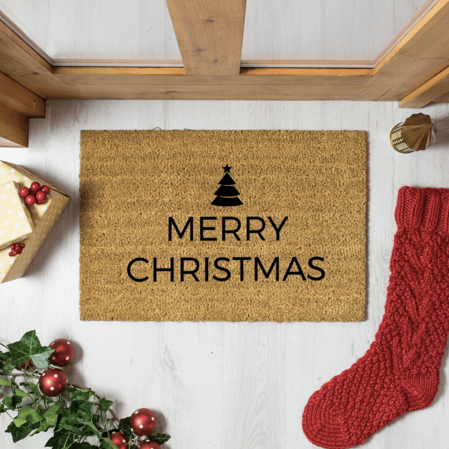 Traditional Christmas doormat in doorway from Artsy 