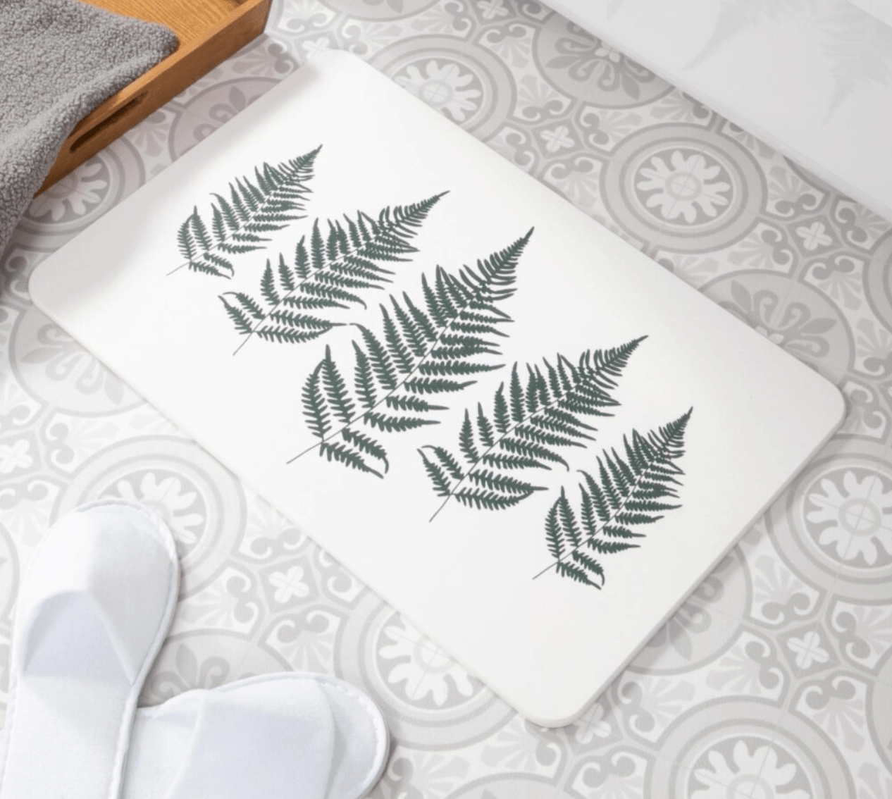 Fern Leaf White Stone Non Slip Bath Mat