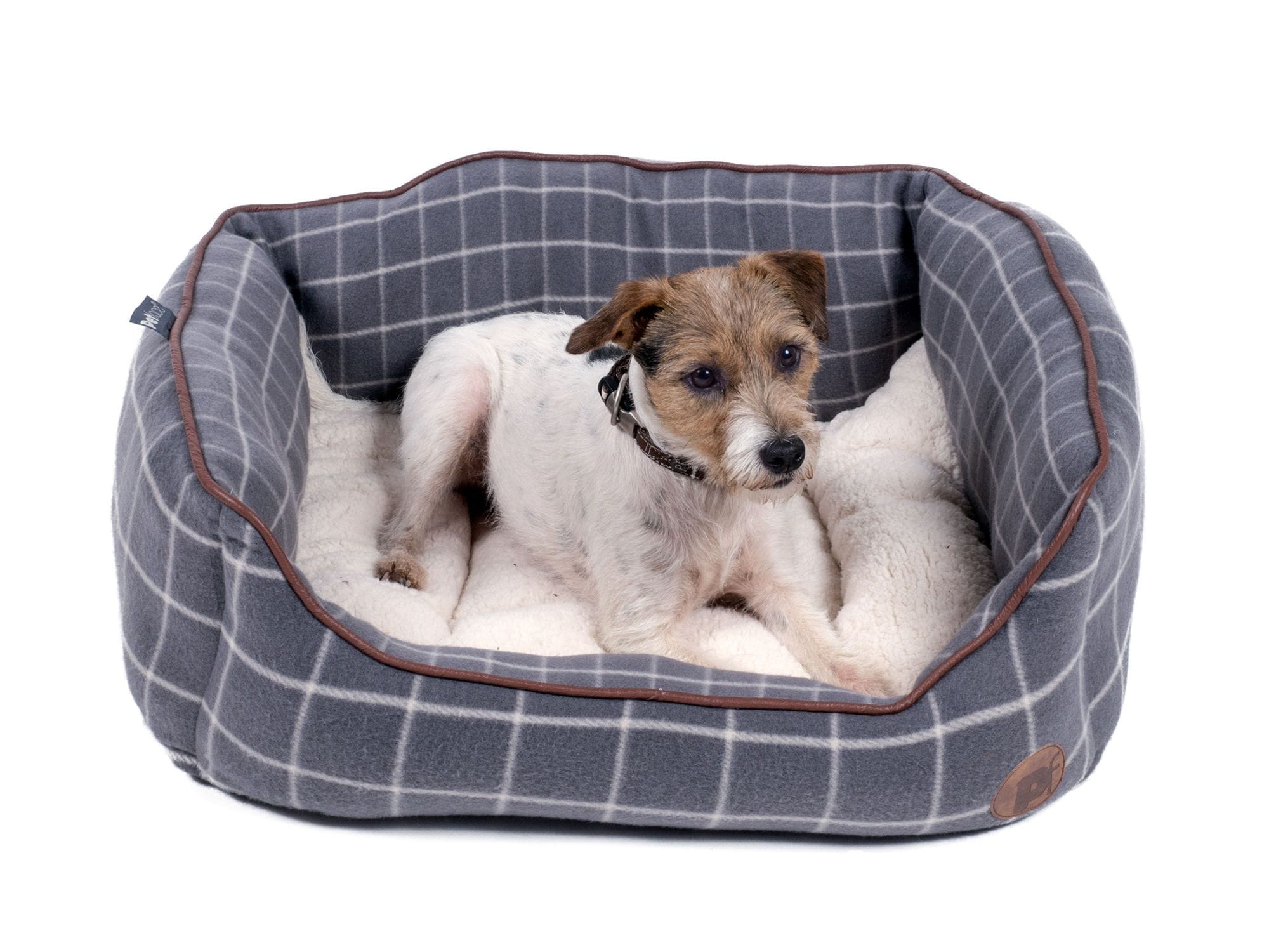 Grey check shop dog bed