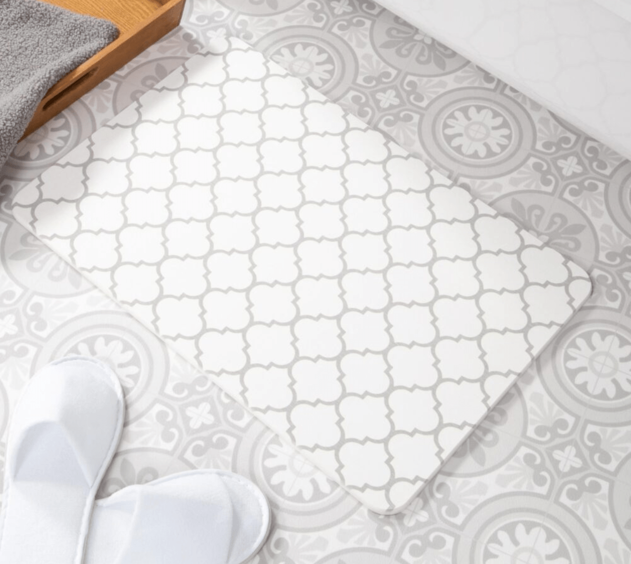 Grey Trellis White Stone Non Slip Bath Mat