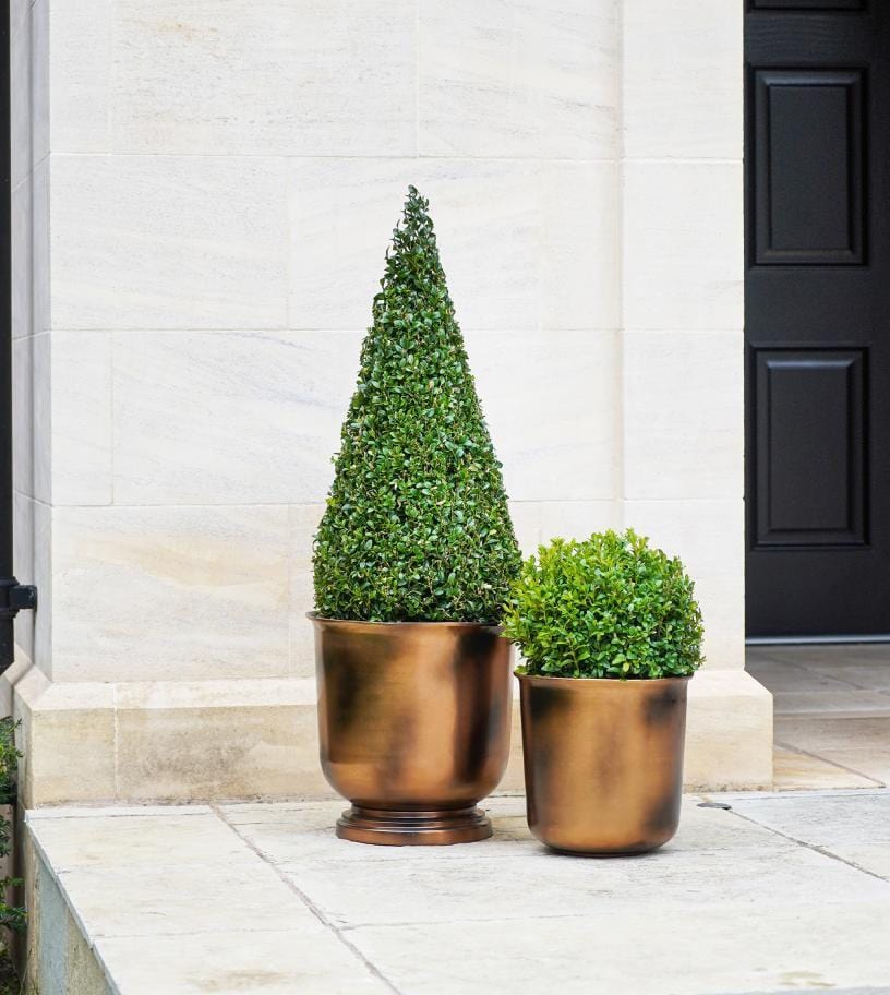 Ivyline Outdoor Hampton Copper Metal Planter range with planted shrubs