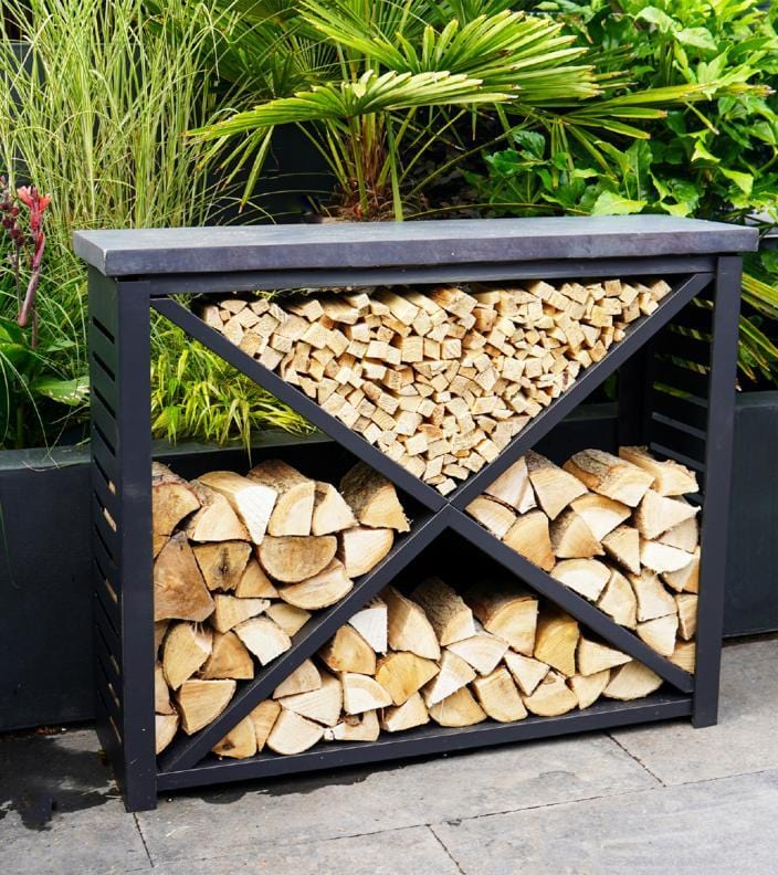 Ivyline premium outdoor metal frame log store with a choice of top finish in situ with logs