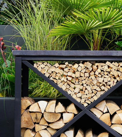 Ivyline premium outdoor metal frame log store with a choice of top finish with logs